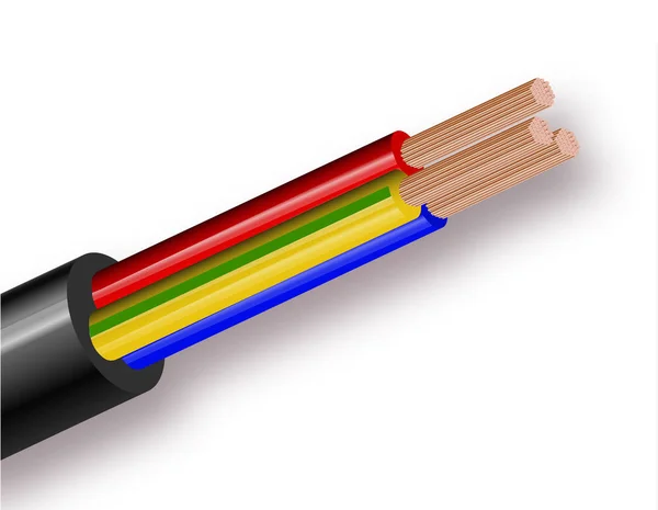 Cable de cobre eléctrico de alambre flexible aislado sobre fondo blanco. Cable multicore de cobre con aislamiento de doble color. Primer plano de la sección transversal. Cable de alimentación. Ilustración vectorial — Vector de stock