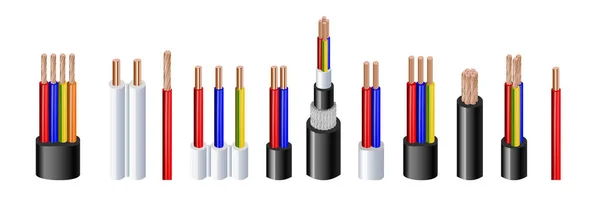 Различные типы питания, акустические кабели с электропроводниками, удерживаемые вместе с общей оболочкой реалистичной векторной иллюстрацией. Защита и дополнительная изоляция — стоковый вектор