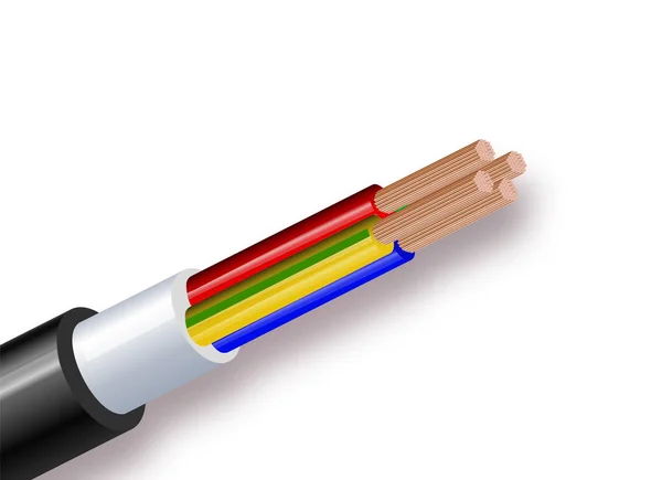 Cable de cobre eléctrico de alambre flexible aislado sobre fondo blanco. Cable multicore de cobre con aislamiento de doble color. Primer plano de la sección transversal. Cable de alimentación. Ilustración vectorial — Vector de stock