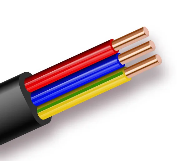 Flexibla tre elektriska kabel isoleras på vit bakgrund. Koppar flerledarkabel i färg isolering. Närbild av tvärsnittet. — Stock vektor