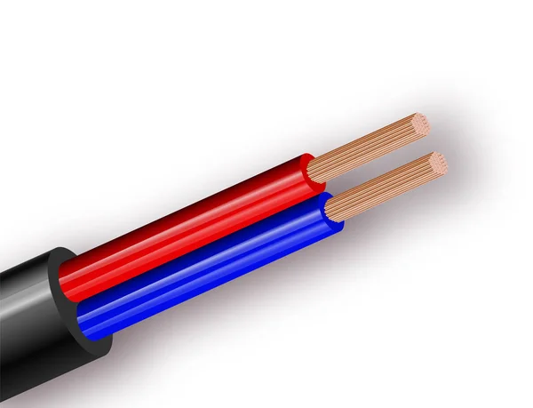 Cable de cobre eléctrico flexible de dos hilos aislado sobre fondo blanco. Cable multicore de cobre con aislamiento de doble color. Primer plano de la sección transversal. Cable de alimentación. Ilustración vectorial — Archivo Imágenes Vectoriales