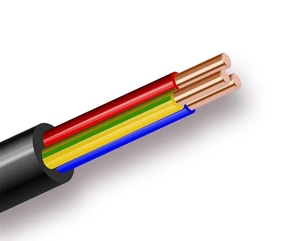 Cable eléctrico flexible de tres hilos aislado sobre fondo blanco. Cable multicore de cobre en aislamiento de color. Primer plano de la sección transversal . — Vector de stock