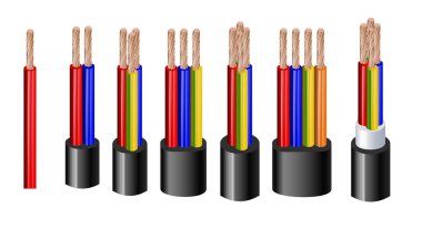 Çeşitli türleri güç, genel kılıf gerçekçi set vektör çizim ile birlikte düzenlenen iletkenler Elektrik Akustik kabloları tel. Korumalı ve ek yalıtım ile