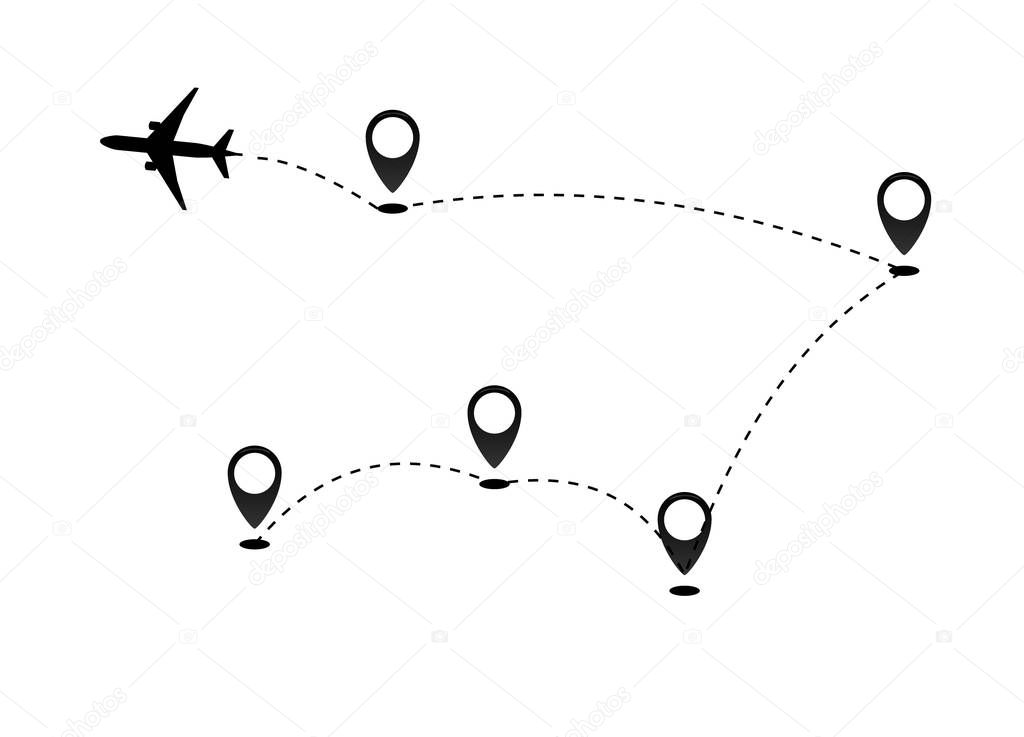 Airplane line path vector icon of air plane flight route dash line trace with start point . Vector object 10 EPS.