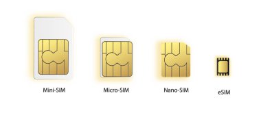 Esim katıştırılmış SIM kart simgesi simgesi kavramı. Yeni çip telefon hücresel iletişim teknolojisi. SIM-kart çip ile mobil cihazlar için ayarlayın. vektör çizim