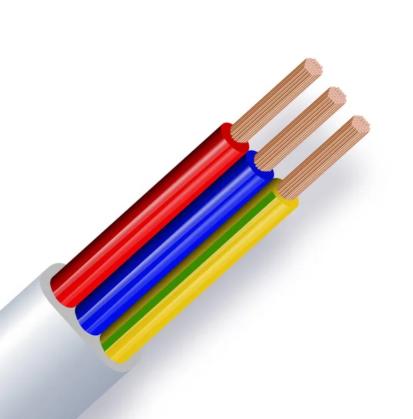Cabo elétrico flexível de três fios isolado em fundo branco. Cabo multicore de cobre no isolamento de cores. Fechar a secção transversal . — Vetor de Stock