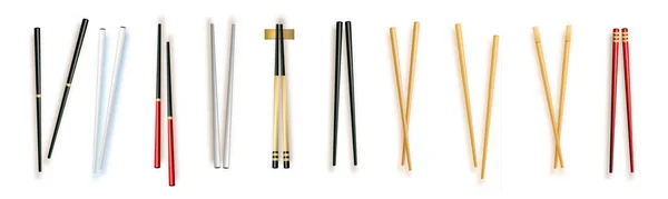 Los palillos realistas de la comida 3d fijan diversos tipos. Ilustración vectorial de Utensilios de bambú asiáticos tradicionales Palanca de colores — Archivo Imágenes Vectoriales