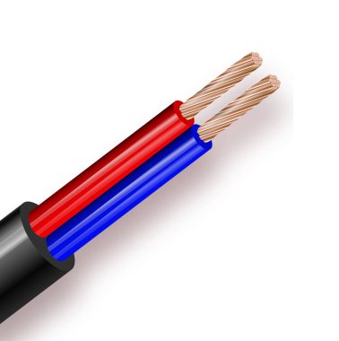 Beyaz arka plan üzerinde izole esnek iki telli elektrik bakır kablo. Çift renk yalıtım ile bakır çok damarlı kablo. Kesit Close-up. Güç Tel. Vektör çizim