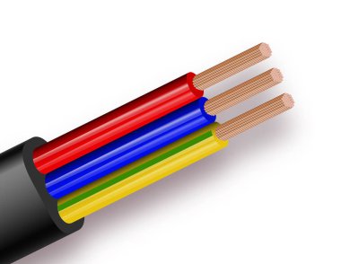 Esnek üç telli elektrik kablosu beyaz arka plan üzerinde izole. Çok çekirdekli bakır kablo renk yalıtımında. Kesit Close-up.