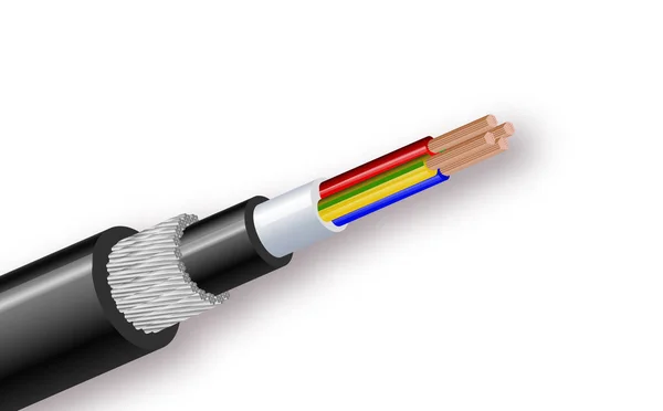 Estructura de cable tamponada apretada de fibra óptica aislada sobre fondo blanco. Ilustración realista vectorial . — Vector de stock