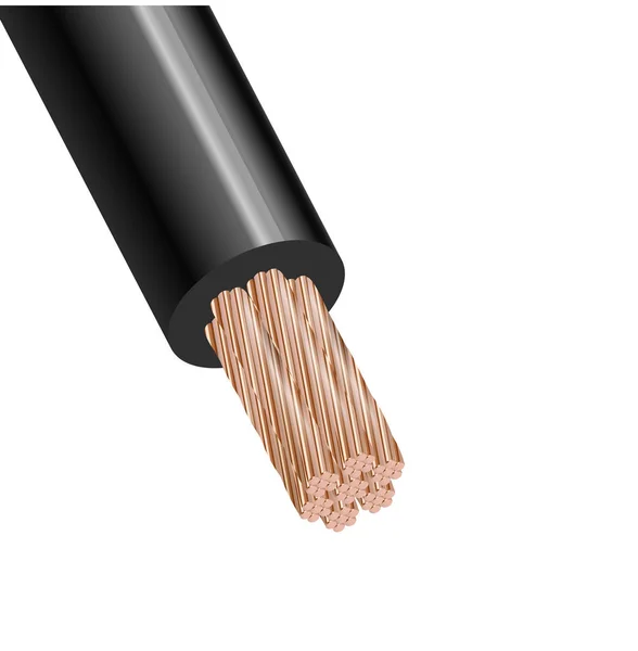 Cable de cobre de alimentación flexible aislado sobre fondo blanco. Cable multi-núcleo de cobre con aislamiento negro. Sección de primer plano. Alambre eléctrico . — Archivo Imágenes Vectoriales