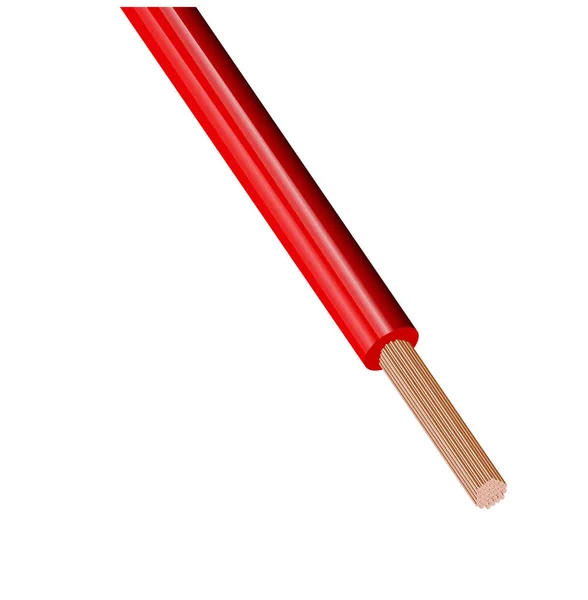 Cabo de cobre elétrico flexível isolado no fundo branco. cabo com isolamento de cor vermelha. Secção de grande plano. Fio elétrico . — Vetor de Stock