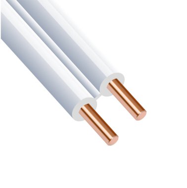 Beyaz arka plan üzerinde izole esnek iki telli elektrik bakır kablo. Çift renk yalıtım ile bakır çok damarlı kablo. Kesit close-up. Güç tel.