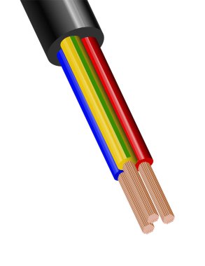 Esnek üç telli elektrik kablosu beyaz arka plan üzerinde izole. Çok çekirdekli bakır kablo renk yalıtımında. Kesit Close-up.