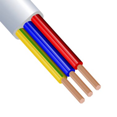 Esnek üç telli elektrik kablosu beyaz arka plan üzerinde izole. Çok çekirdekli bakır kablo renk yalıtımında. Kesit Close-up.