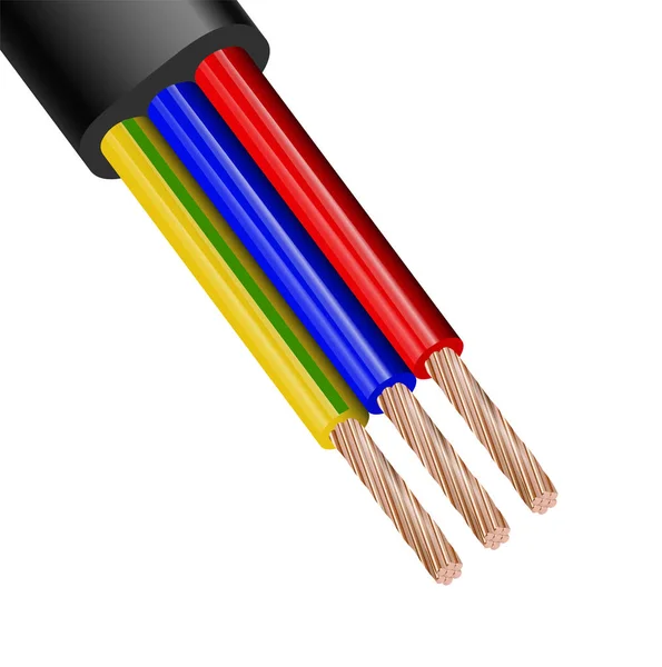 Гибкий трехпроводный электрический кабель изолирован на белом фоне. Медный многоядерный кабель в цветной изоляции. Крупный план поперечного сечения . — стоковый вектор