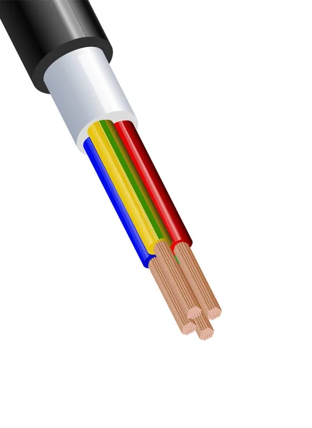 Flexibles 4-adriges elektrisches Kupferkabel isoliert auf weißem Hintergrund. Mehradriges Kupferkabel mit zweifarbiger Isolierung. Nahaufnahme des Querschnitts. Stromkabel. — Stockvektor