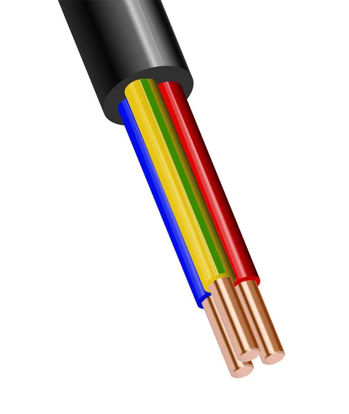 Cable eléctrico flexible de tres hilos aislado sobre fondo blanco. Cable multicore de cobre en aislamiento de color. Primer plano de la sección transversal . — Vector de stock