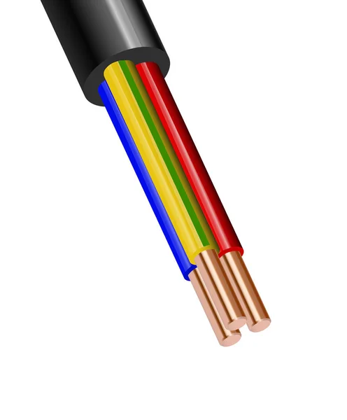 Flexibele drie-aderige elektrische kabel geïsoleerd op een witte achtergrond. Koperen multicore kabel in de kleur isolatie. Close-up van de doorsnede. — Stockvector