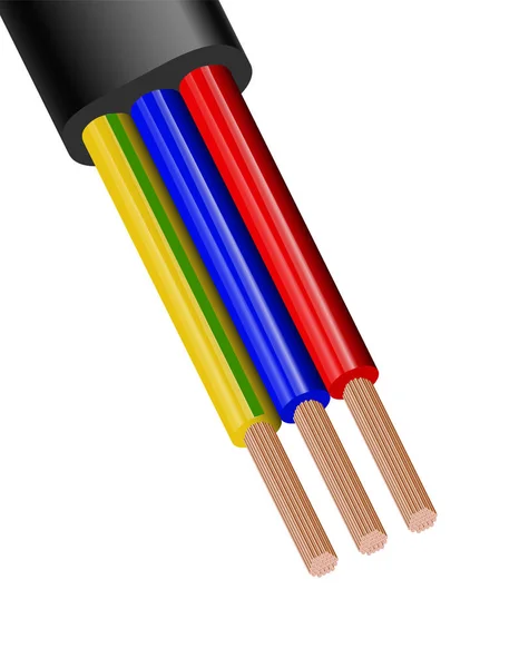 Cable eléctrico flexible de tres hilos aislado sobre fondo blanco. Cable multicore de cobre en aislamiento de color. Primer plano de la sección transversal . — Vector de stock