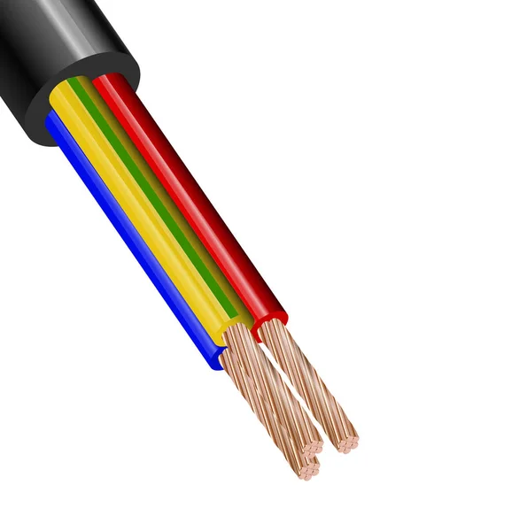 Cavo elettrico flessibile a tre fili isolato su sfondo bianco. Cavo multicore in rame in isolamento colore. Primo piano della sezione trasversale . — Vettoriale Stock