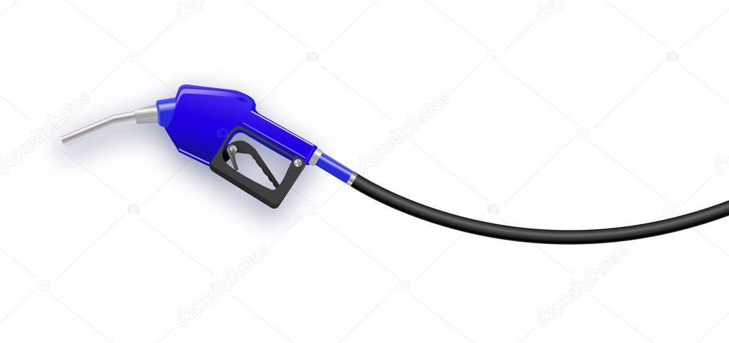 Fueling gasoline or diesel vector web banner. Fuel nozzle on hose of gas, ethanol or biodiesel, line art illustration. Filling stations network, petroleum company landing page