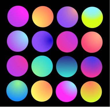 Holografik degrade küre yuvarlak. Çok renkli yeşil mor sarı turuncu pembe mavi sıvı degradeler, düğmeler veya canlı renkler küreler düz ayarlamak yuvarlak renkli yumuşak daire