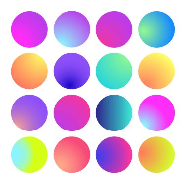 Holografik degrade küre yuvarlak. Çok renkli yeşil mor sarı turuncu pembe mavi sıvı degradeler, düğmeler veya canlı renkler küreler düz ayarlamak yuvarlak renkli yumuşak daire