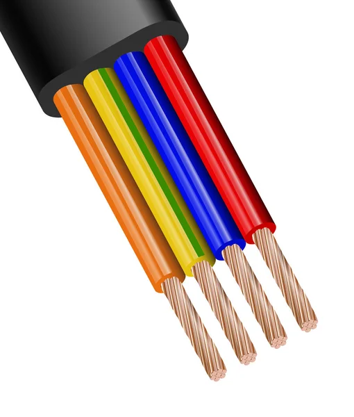 Flexibilní 4vodičové elektrické měděný kabel izolovaných na bílém pozadí. Měděný kabel s dvojí barvou izolace. Detail příčného řezu. Napájecí kabel. — Stockový vektor