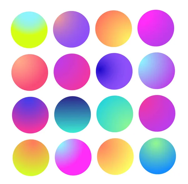 Rounded holographic gradient sphere. Multicolor green purple yellow orange pink cyan fluid circle gradients, colorful soft round buttons or vivid color spheres flat set — Stock Vector