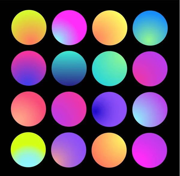 Rundade holografisk gradient sfär. Multicolor grön lila gul orange rosa cyan vätska cirkel lutningar, färgglada mjuka runda knappar eller levande sfärer platt färguppsättning — Stock vektor