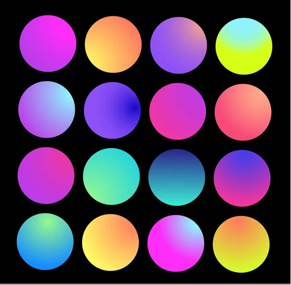 Округла голографічна градієнтна сфера. Різнокольоровий зелений фіолетовий жовтий помаранчевий рожевий блакитний рідина коло градієнти, барвисті м'які круглі кнопки або яскравий колір сфери плоский набір — стоковий вектор