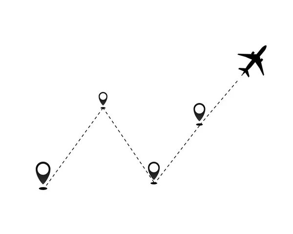 Icona del vettore della traiettoria aerea della traiettoria del volo aereo traccia della traiettoria del trattino con punto di partenza  . — Vettoriale Stock