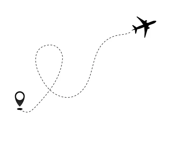 Ícone de vetor de trajetória de linha de avião de traço de linha de traço de rota de voo de avião com ponto de partida  . — Vetor de Stock