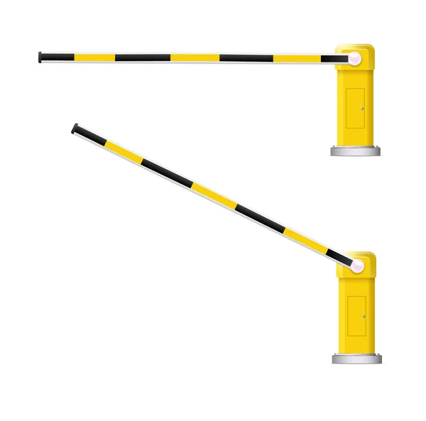 Ilustración vectorial detallada de una barrera de automóvil de rayas negras y amarillas con señal de stop . — Vector de stock