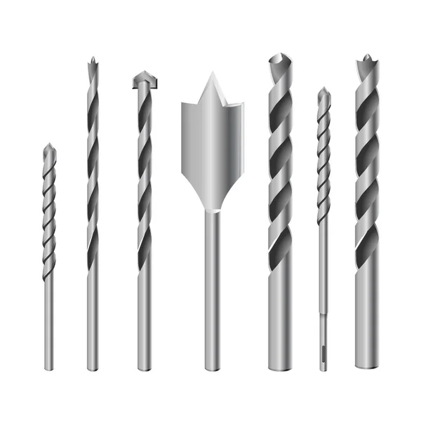 Realistic 3d Detailed Metallic Drill Bits Set Tools for Construction Work, Drilling Hole. — Stock Vector