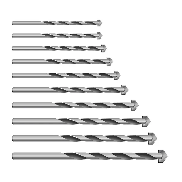 Realistische 3D gedetailleerde metalen boor voor beton voor perforator bits set gereedschap voor bouwwerkzaamheden, boren gat. — Stockvector