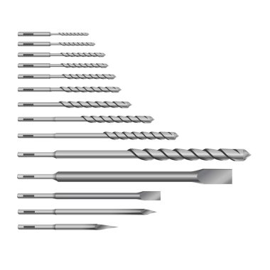 Kaya matkap veya perforatör Bit Set İnşaat İşi, Sondaj Deliği için Set Araçları için Gerçekçi 3d Detaylı Metalik Matkap.