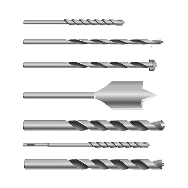 Realistic 3d Detailed Metallic Drill Bits Set Tools for Construction Work, Drilling Hole. — Stock Vector