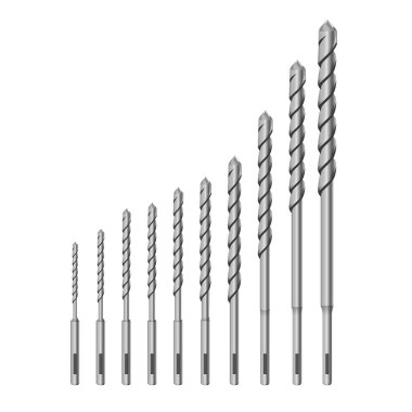 Perforatör Bitleri için beton için Gerçekçi 3d Detaylı Metalik Matkap İnşaat İşi Için Set Araçları, Sondaj Deliği.