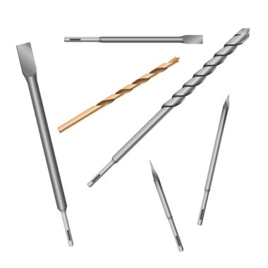 Gerçekçi 3d Detaylı Metalik Matkap Uçları Set Araçları İnşaat İşi, Sondaj Deliği.