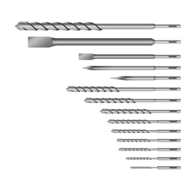 Kaya matkap veya perforatör Bit Set İnşaat İşi, Sondaj Deliği için Set Araçları için Gerçekçi 3d Detaylı Metalik Matkap.