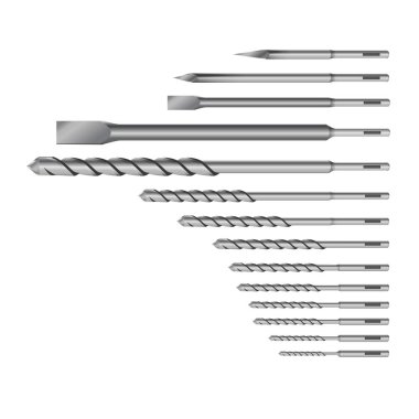 Kaya matkap veya perforatör Bit Set İnşaat İşi, Sondaj Deliği için Set Araçları için Gerçekçi 3d Detaylı Metalik Matkap.