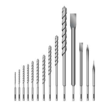 Kaya matkap veya perforatör Bit Set İnşaat İşi, Sondaj Deliği için Set Araçları için Gerçekçi 3d Detaylı Metalik Matkap.