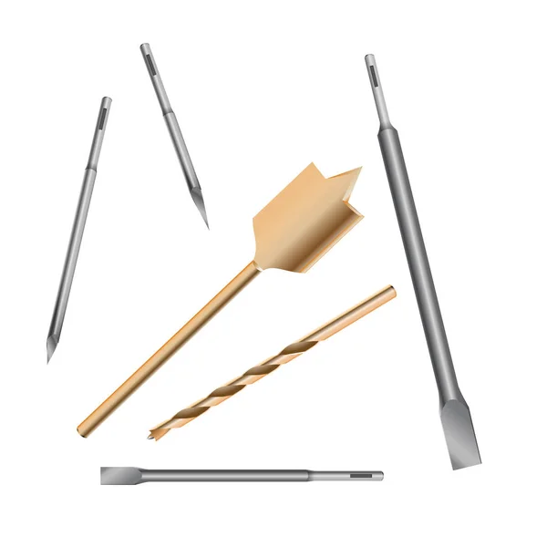 Realista 3d detalladas brocas metálicas conjunto de herramientas para trabajos de construcción, agujero de perforación . — Vector de stock