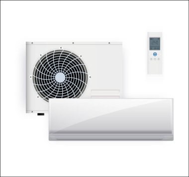 Split system air conditioner inverter. Cool and cold climate control system. Realistic conditioning with remote controller. Vector illustration clipart