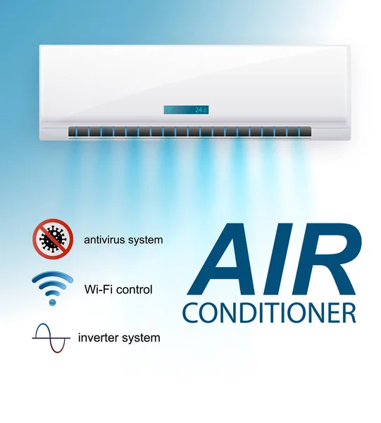 Split-System Klimaanlage Inverter. Realistische Klimaanlage mit WiFi-Steuerung über das Internet und Antivirus-Funktionen und Fernbedienung. Vektor Illustration Klimaregelung — Stockvektor