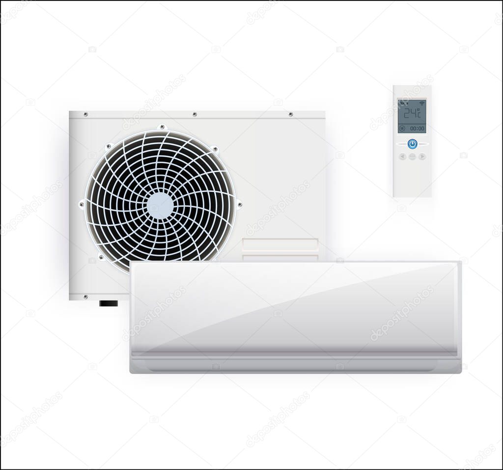 Split system air conditioner inverter. Cool and cold climate control system. Realistic conditioning with remote controller. Vector illustration