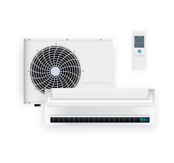 Splitsysteem airconditioner omvormer. Koel en koud klimaatbeheersingssysteem. Realistische conditionering met afstandsbediening. Vectorillustratie — Stockvector