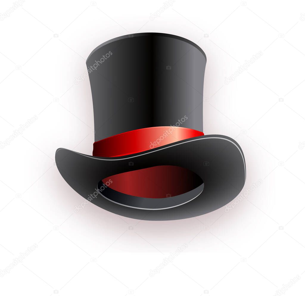 Black cylinder hat with red ribbon. Magic hat.